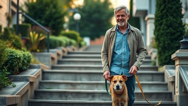 Woman practicing First Hour Rule morning rituals, walking dog.