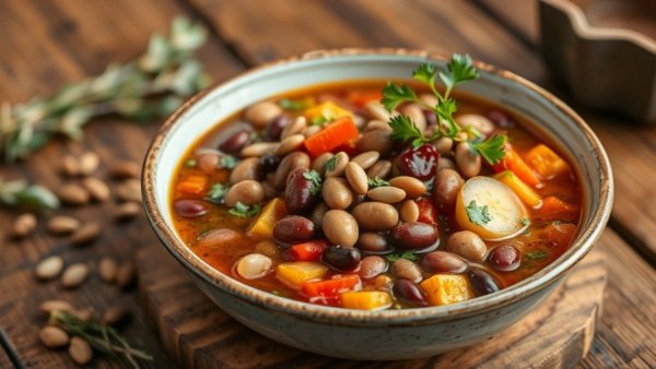 Hearty winter stew with herbs and seeds in a cozy bowl.