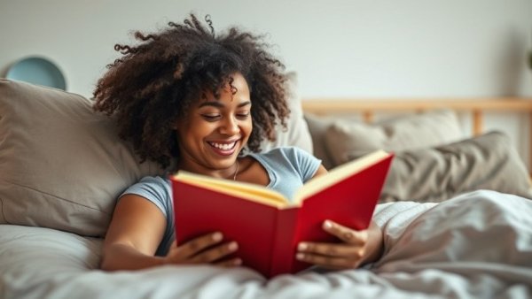 Woman enjoying inspiring memoirs on a cozy bed.