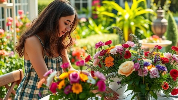 Woman setting a spring table in a garden, vibrant flowers, March refresh.