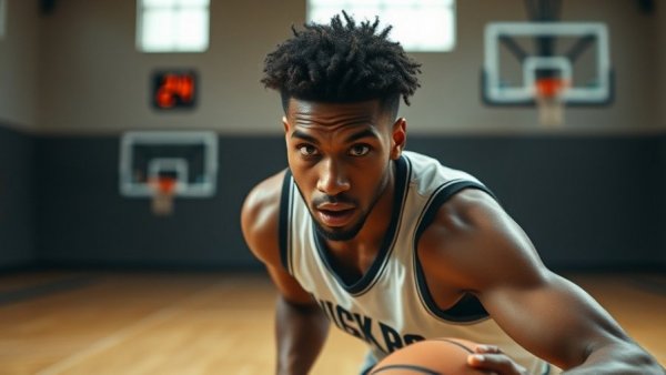 Focused athlete using injury prevention gear while practicing basketball indoors.