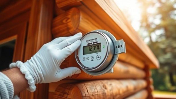 Smart energy meter installation on cabin wall, Washington HB 2296 solar economics.