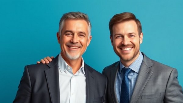 Two men at Berkshire Hathaway event smiling against blue background.
