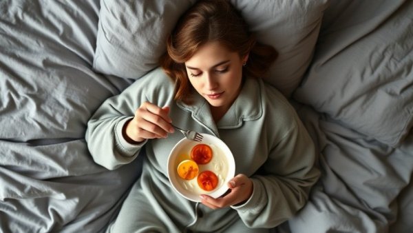 Cozy morning with healthy breakfast routine in bed.