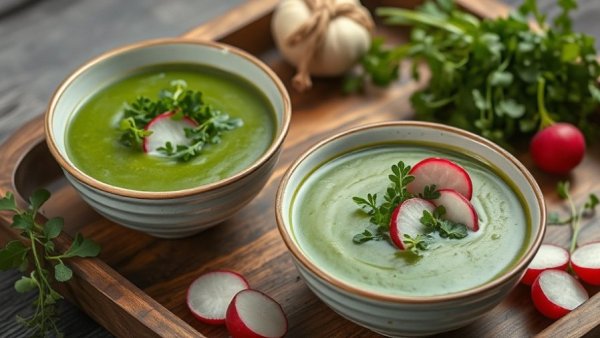 Spring soup recipes featuring green soup with radishes and microgreens.