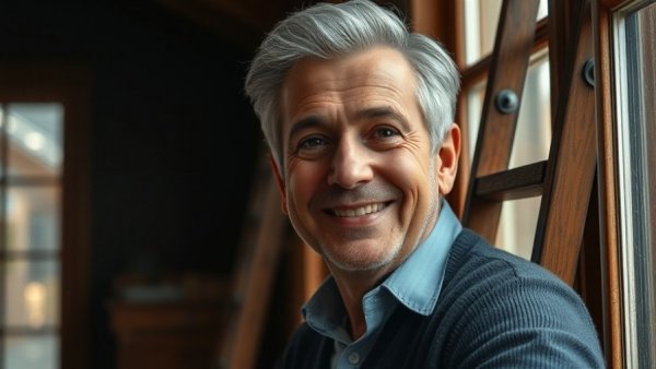 Vibrant aging concept with confident older man by window.