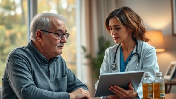 Doctor discussing colon health with older man during consultation.