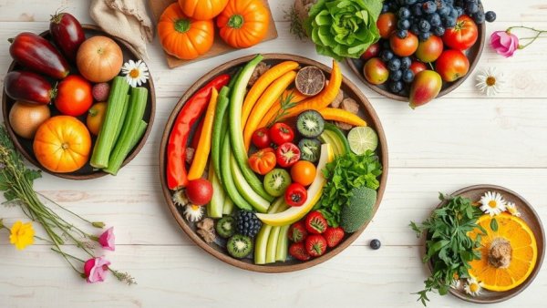 Colorful spring produce benefits spread on a table with fruits and vegetables.