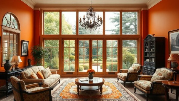 Elegant vintage living room with warm decor and seating.