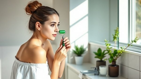 Woman shows best way to exfoliate for smooth skin using facial roller in bathroom.