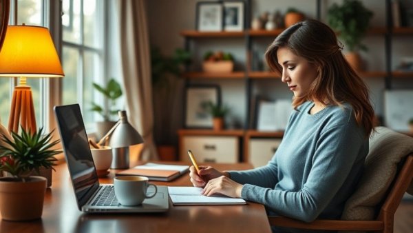 Woman working in cozy home office, related to water retention from sitting.