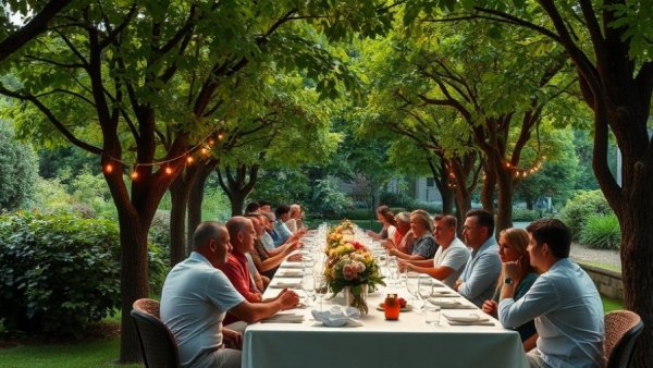 Outdoor gathering in a garden for plant-based Easter recipes.