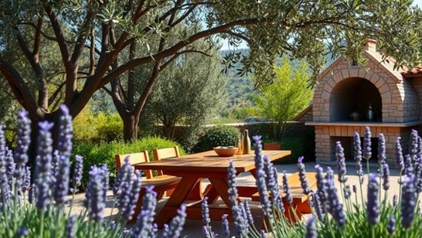 Designing an outdoor kitchen with rustic table and greenery.