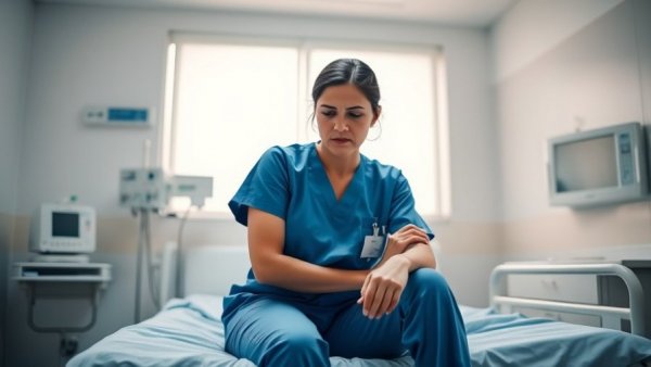 Stressed nurse in hospital, mental health nurse exit risk.