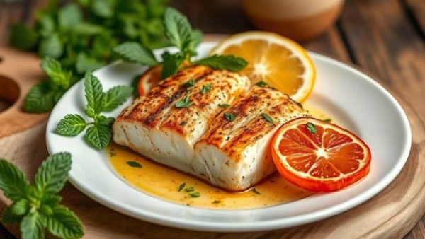 Grilled Halibut Recipe served with citrus slices and mint.