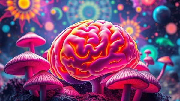 Colorful depiction of how psychedelics affect the brain with mushrooms and cosmic background.