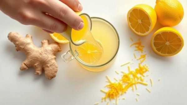 Hand pouring ginger lemon drink, support immune health ingredients.