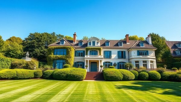 Elegant multigenerational home with lush garden and clear blue sky.