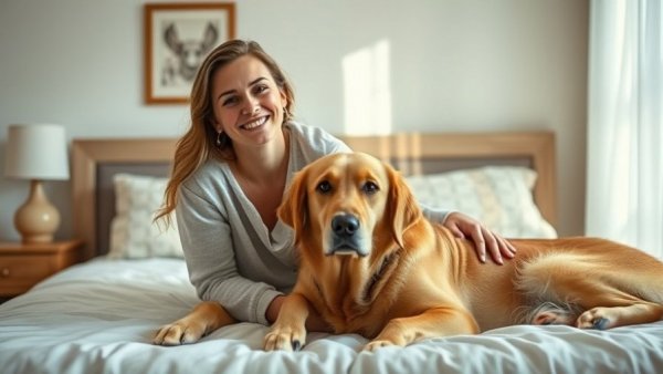 Young woman with dog in bedroom, calm moment, habits that drain energy.