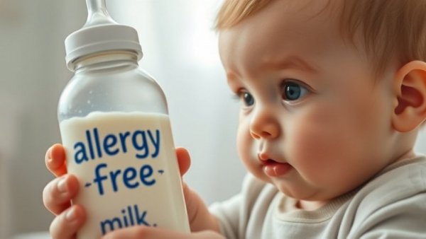 Infant examining a milk bottle labeled 'Allergy Free', linked to cow's milk allergy impact.