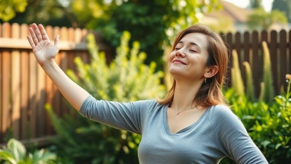 Woman practicing mindfulness stretching in garden.