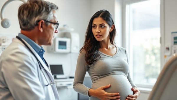 Pregnant woman consulting doctor about uterine surgery risk.