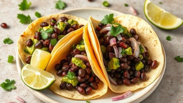 Crispy Black Bean Tacos Recipe with sides of guacamole and cilantro.