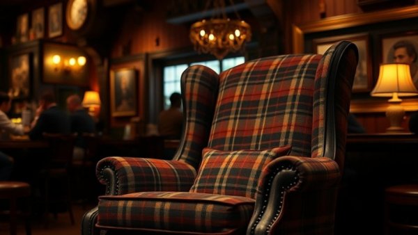Cozy vintage armchair in dimly lit pub interior.