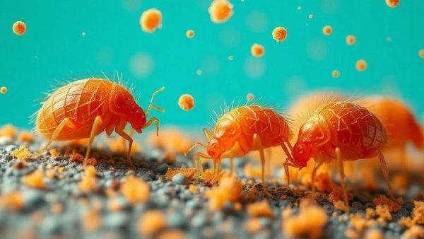 Close-up of dust mites, linked to allergic asthma, on textured surface.
