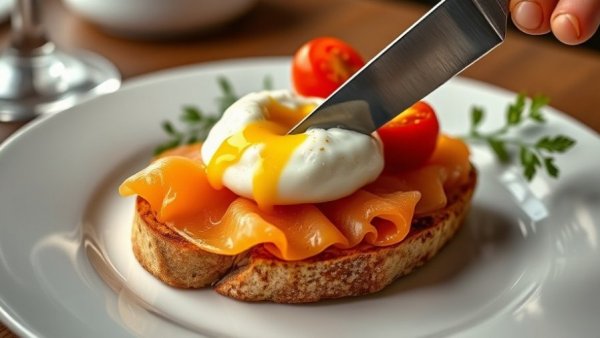 Smoked salmon toast with poached egg and cherry tomatoes, community-supported fisheries.