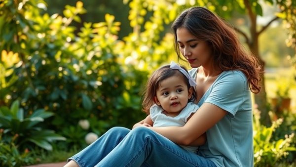Mother and child in garden, embracing in serene moment.