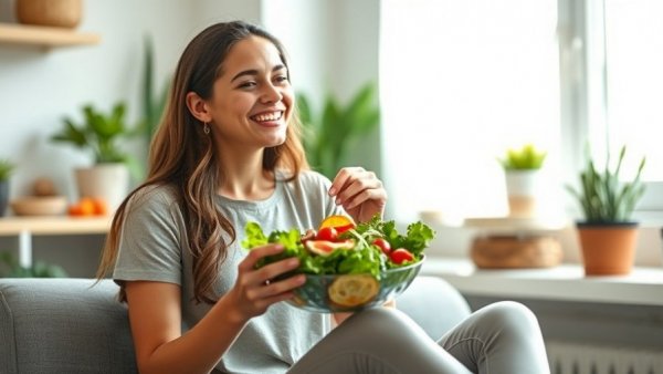 Young woman enjoying a healthy salad by a window, highlighting benefits of fiber for women.