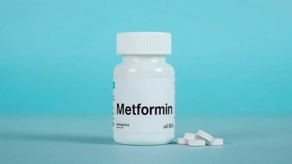 Metformin bottle for early combination therapy for diabetes on a blue background.