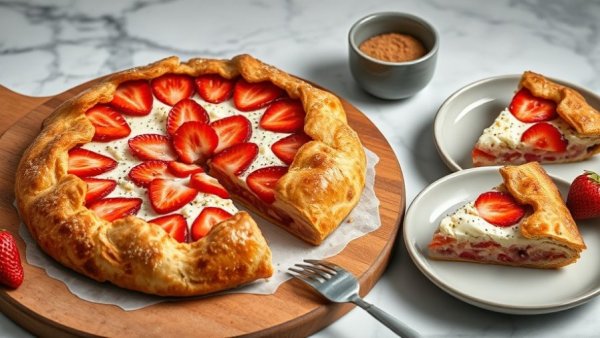 Strawberry Cream Cheese Galette served on a wooden board with slices on plates.