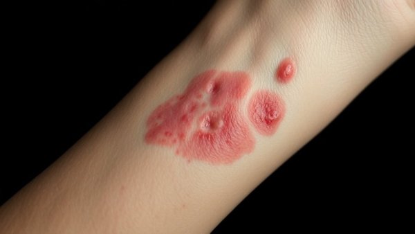 Close-up of Necrobiosis Lipoidica on forearm with inflamed patches.