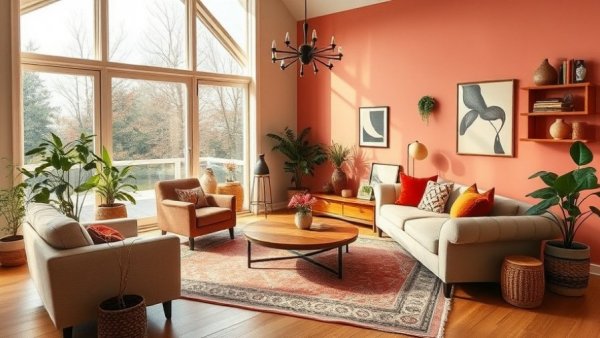 Elegant living room with coral walls and stylish decor.