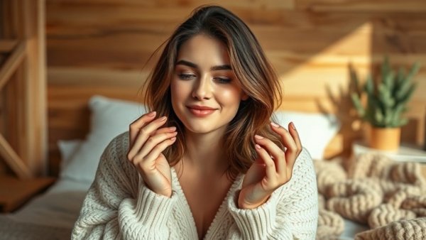 Young woman applying Esthetician recommended skincare products in a cozy room.