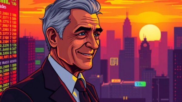 Pixel art of a man with stock market data and sunset backdrop highlighting AI investment strategies.