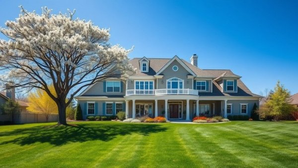 Spacious multigenerational home with lush lawn, vibrant blue sky.