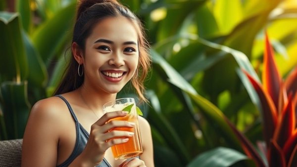 Smiling woman drinking a beverage among tropical plants, embracing spring habits for summer wellness.