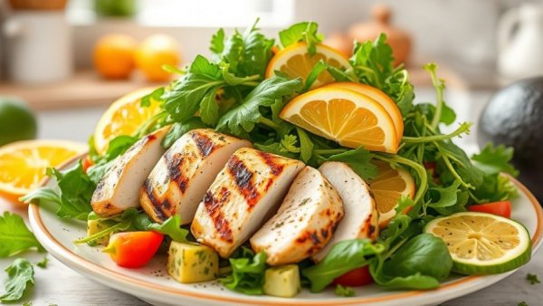 Vibrant spring salad with grilled chicken, citrus, and arugula.