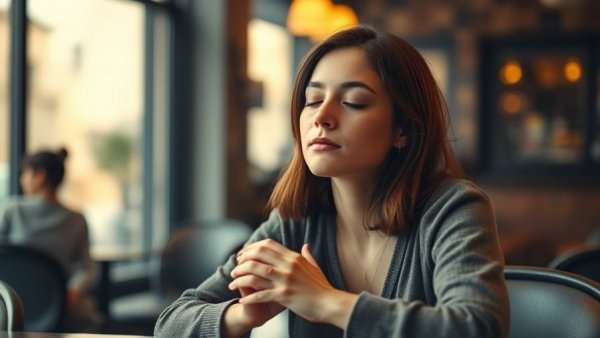 Contemplative young woman practicing mindfulness in a cafe setting.