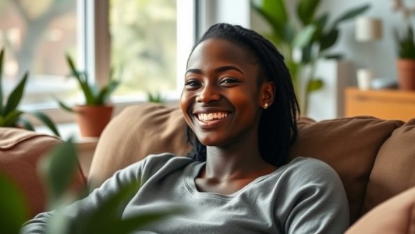 Smiling young woman with vitiligo highlighting gaps in vitiligo treatment indoors.