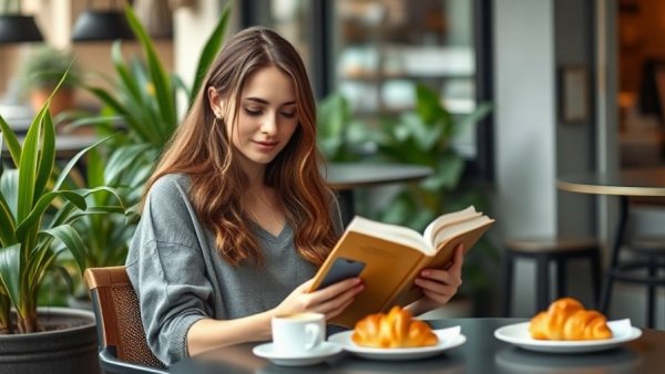 Woman reading at a cafe with coffee and croissant, memoirs for mental health.