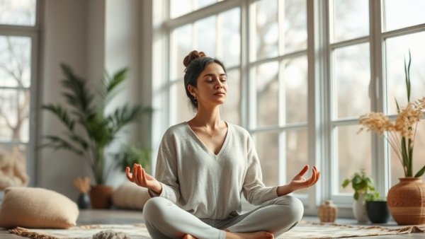 Woman embracing spring wellness routine in a serene room.