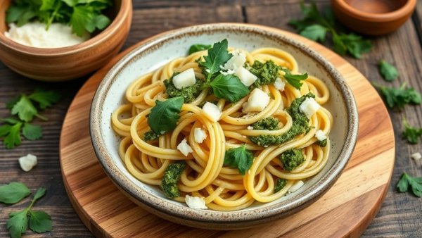 Rustic cavatappi spring pasta with pesto and parmesan, inviting presentation.