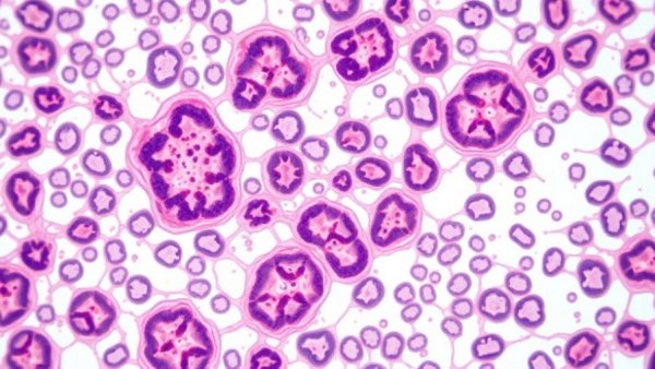 Microscopic squamous cell carcinoma tissue pattern.