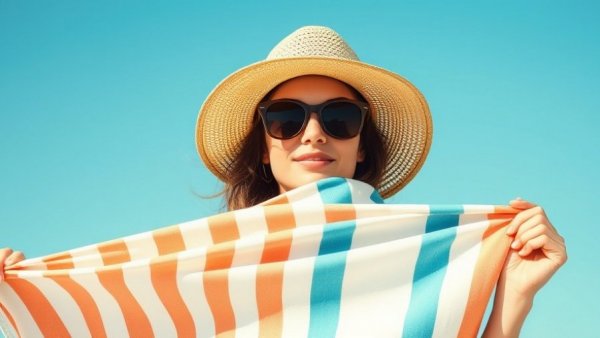 Woman with beach towel and sun hat under clear sky, best self-tanners for summer.