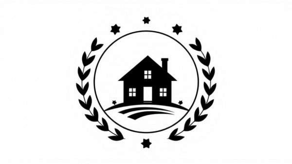 Monochrome logo of house with laurel design and circular patterns.