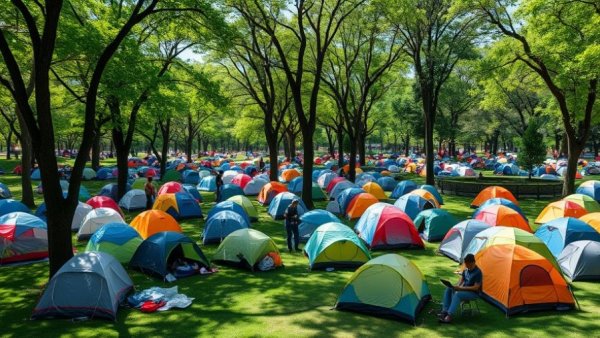 Urban park with tents illustrating housing instability.